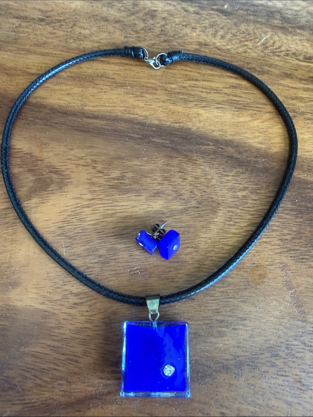 Artesian Blue Square Glass Pendant Necklace and Stud Earrings Set